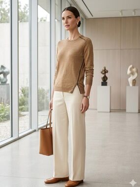 J.Crew Camel Asymmetrical Zip Merino Wool Blend Sweater Size Medium